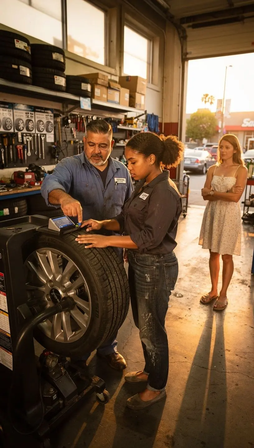 Set of tires arranged to show proper rotation sequence for high-mileage driving on LA freeways