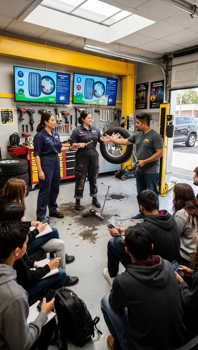 Technician explaining tire care tips to a driver in a bright, modern auto service center