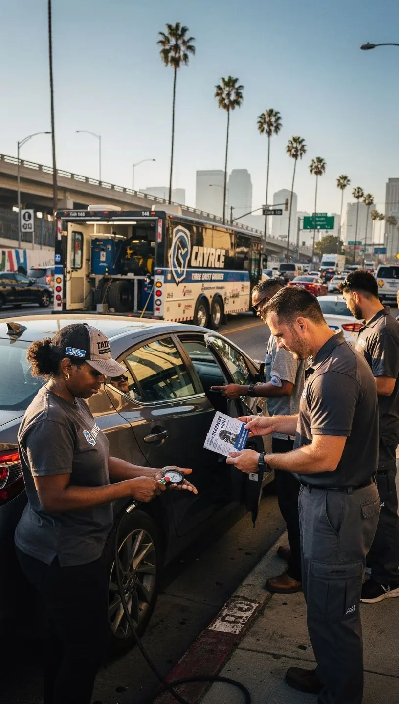 Wheel balancing machine in use to ensure smooth ride for freeway commuters in Los Angeles
